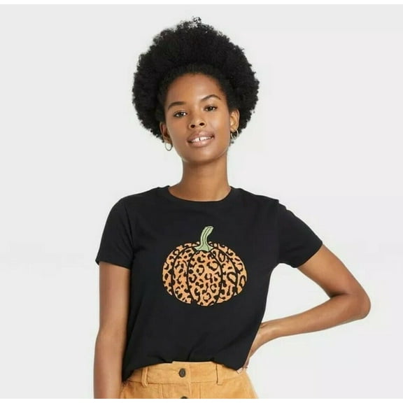 Women's Halloween Pumpkin Leopard Print Logo Short Sleeve Graphic T-Shirt - (2X, Black)