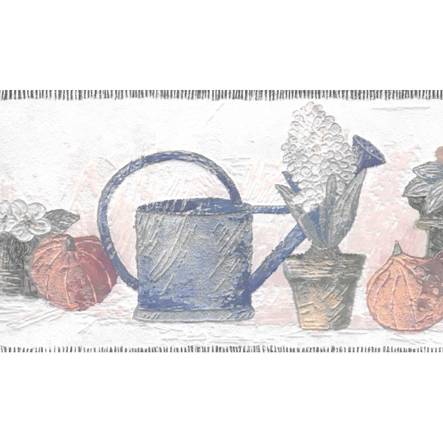Papier Peint Non Collé Frontière - Bleu de Pays, Beige, Vert, Orange, Fleurs Rouges en Pot, Arrosoir, Citrouilles Mur Bord Rétro Design, 5M x 13,34cm