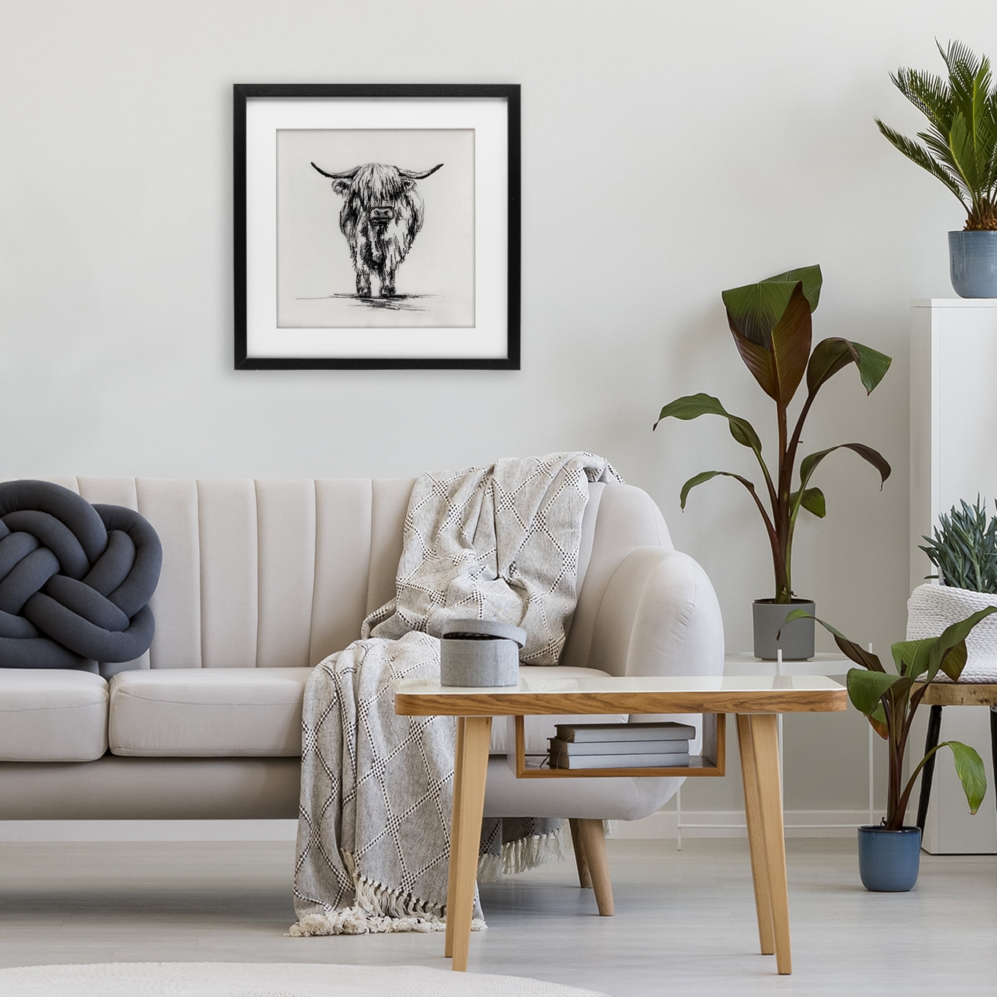 Stupell Industries Highland Cow in Charcoal Black Framed Print Under Glass, design by Leah Noel Art