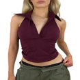thumbnail image 1 of Women Summer Halterneck Tops V-neck Solid Color Backless Crop Tops, 1 of 5