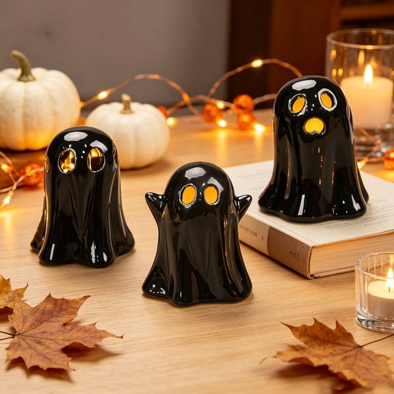 BingTong Halloween Ceramic Ghost Light 3pcs, LED Light Up Ghost Decor Indoor, Halloween Ornaments Ghost Figurine Tabletop Decorations Funny Gifts Party Supplies 1-Black