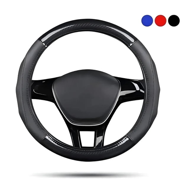 Funda Para Volante Fibra Carbono Cuero Vacuno Forma Redonda Modelo Negro