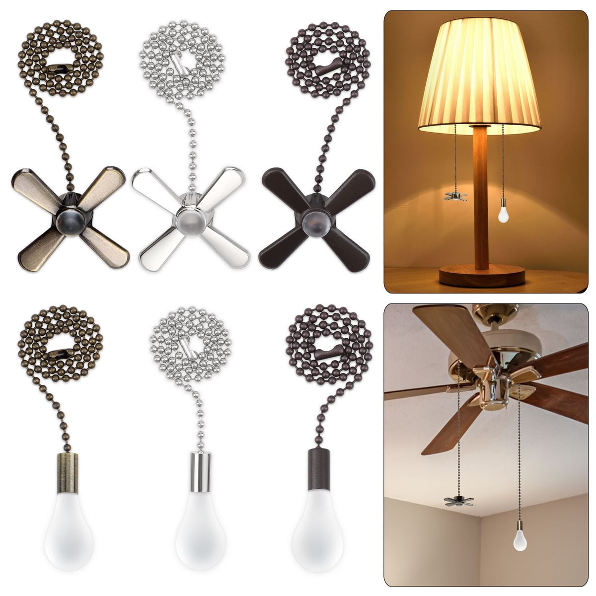 2Pcs Vintage Metal Mini Light Bulb & Ceiling Fan Pull Chain Set Part Decorative 