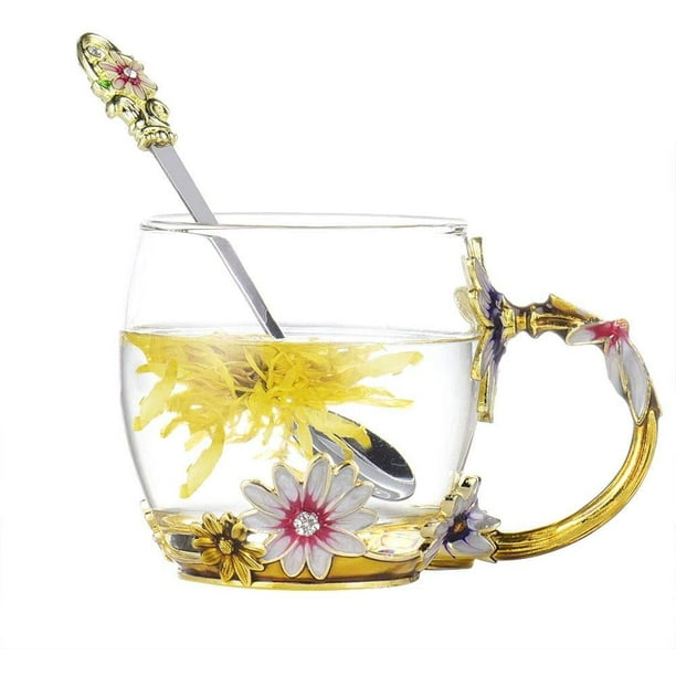 Enamel Craft Glass Flower Tea Cup LeadFree Coffee Mug with Spoon