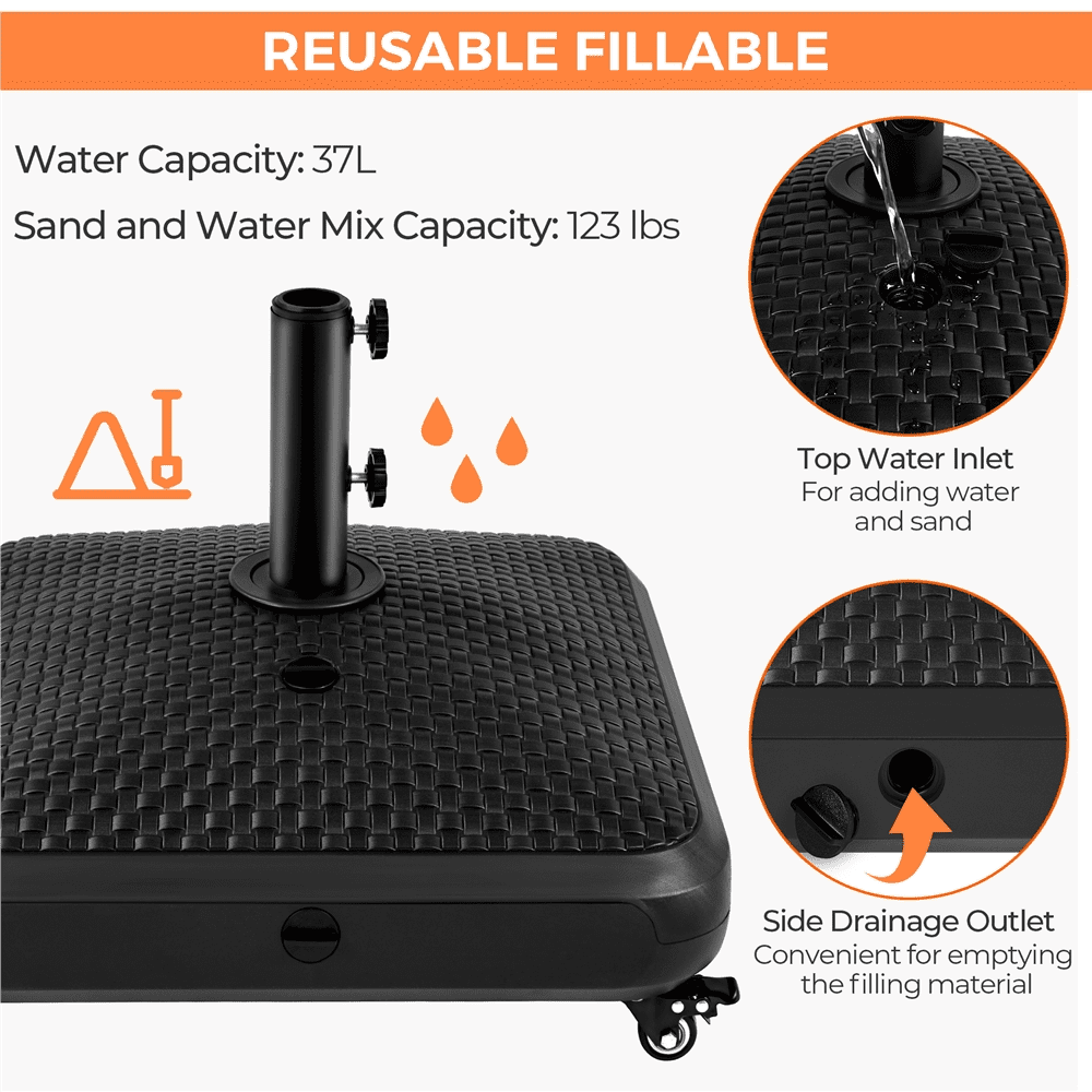 Renwick Rolling Umbrella Base Stand with Rattan Pattern, Black