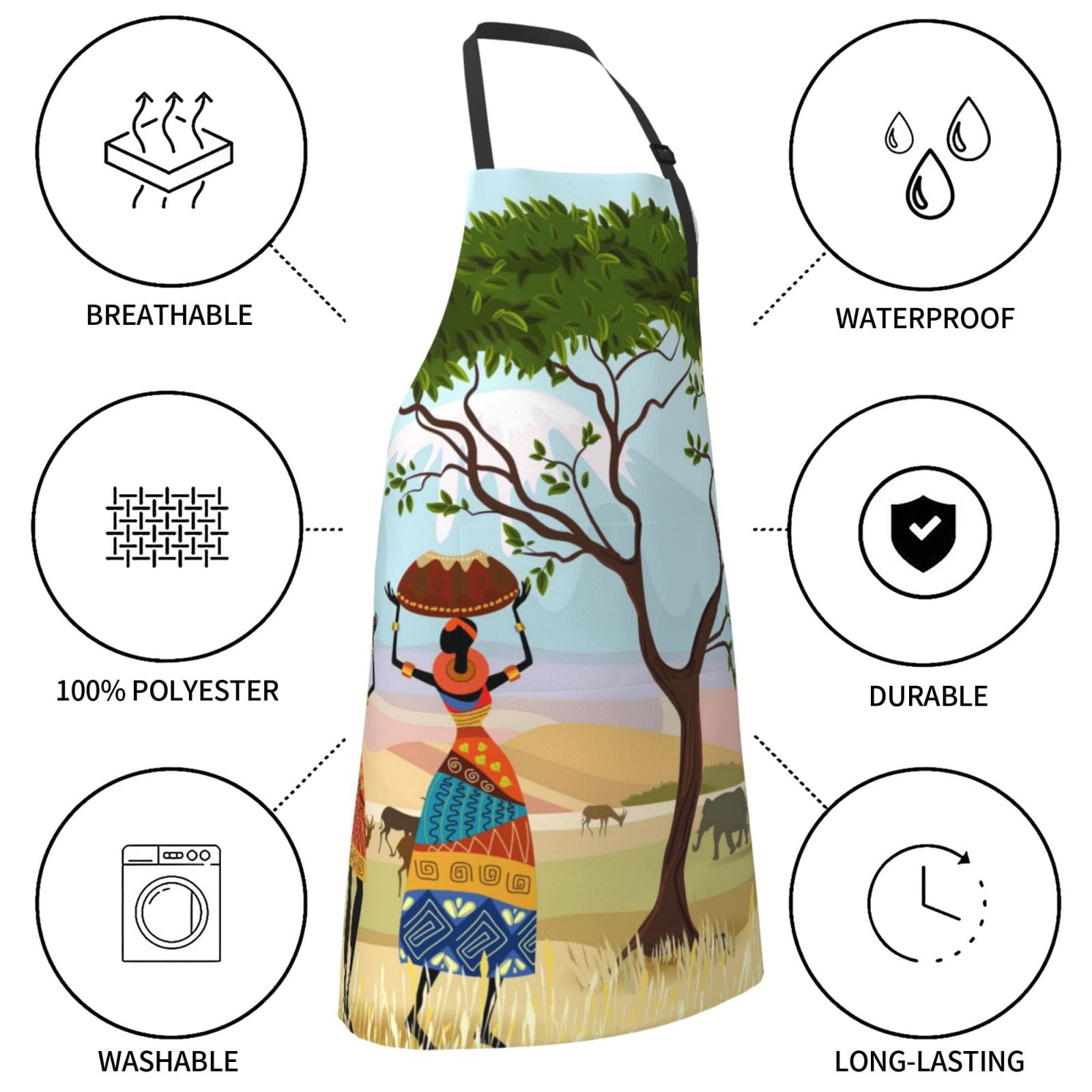 Kdxio African Women in Mountain Landscape Apron with Pockets Adjustable Kitchen Aprons for Men Women Waterproof Aprons for Cooking,Drawing,Crafting, Baking Household Cleaning