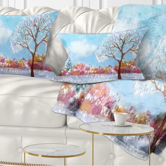 Designart Tree in Winter - Watercolor Painting Landscape Printed Throw Pillow - 12x20