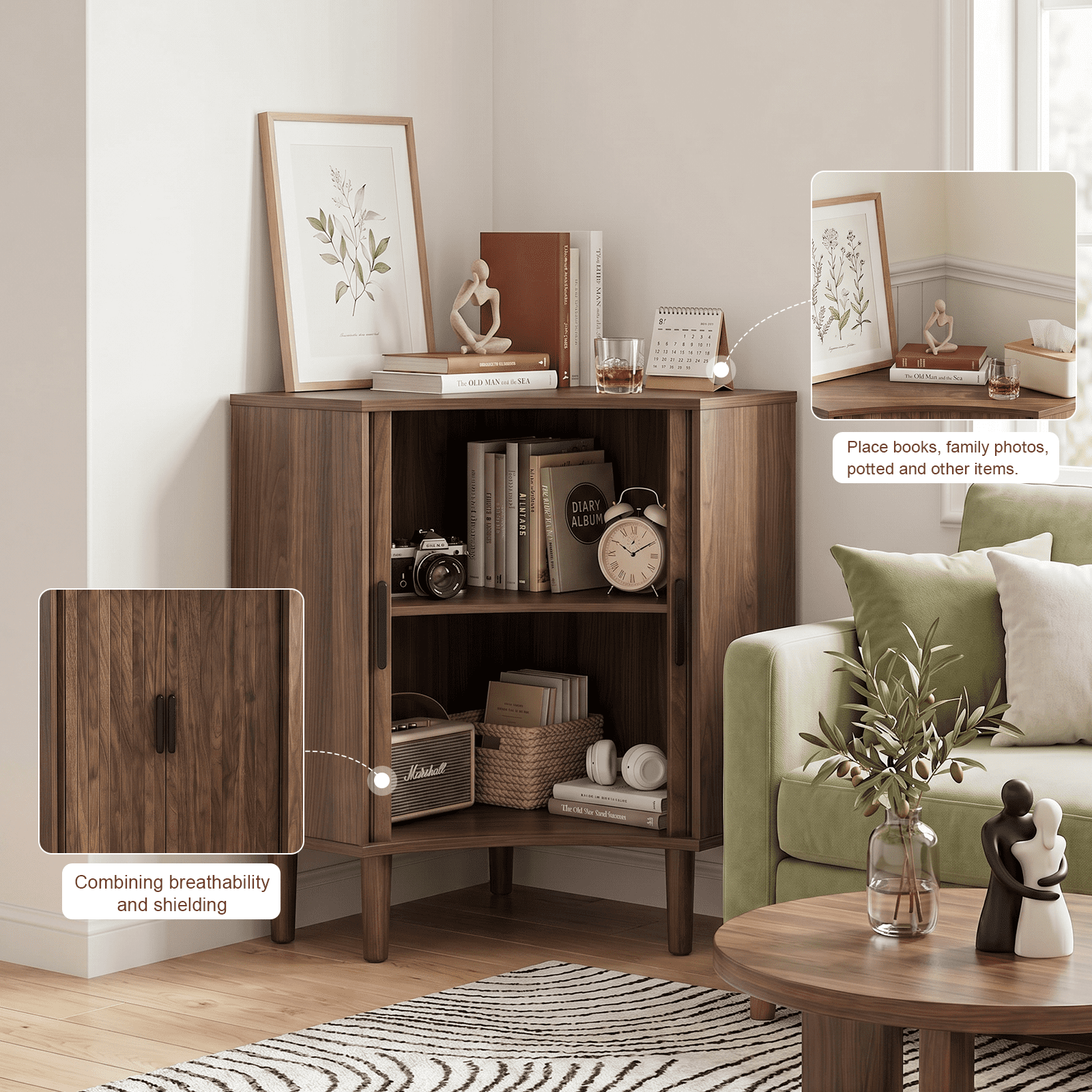 Walnut Fluted Corner Storage Cabinet with Sliding Doors & Adjustable Shelves, Modern Freestanding Narrow Floor Cabinet for Bathroom Living Room Dining Room Small Spaces