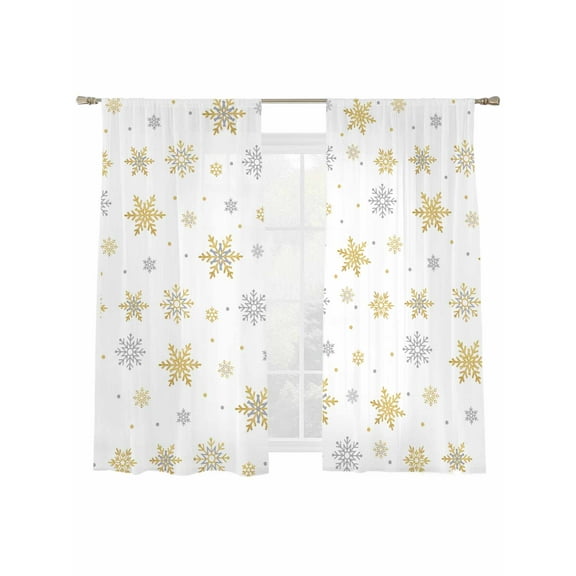 Christmas Gold Sheer Curtains 2 Panels Set, and Grey Snowflake White Window Sheer Curtains for Living Room/Bedroom, Light Filtering Rod Pocket Voile Drapes, 52" W x 72" L