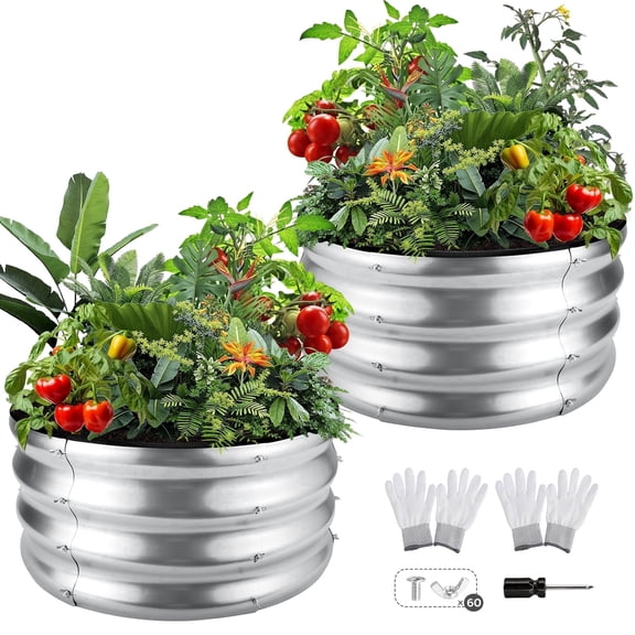 Troxlin Galvanized Raised Garden Bed 2 Pack, Round Metal Planter Box 2x2x1 ft Outdoor for Vegetables Flowers Herbs, Rust Resistant Easy Setup,Sliver