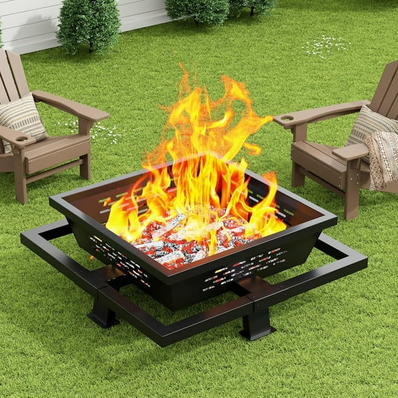 Auhilence 36" Fire Pit for Outside, Square Outdoor Wood Burning Firepit with Poker, Heavy Duty Fire Pit for Camping, Backyard, Patio, Black