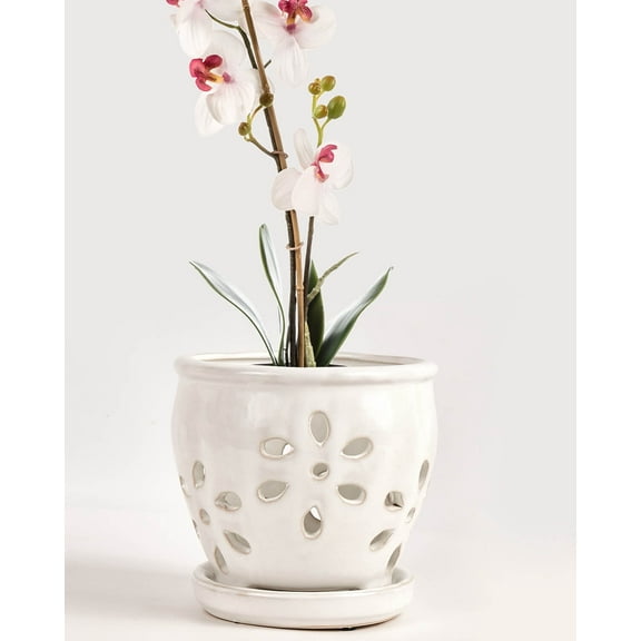 5 Inch Ceramic Orchid Pots with Holes and Saucers - 1 Pcs Small Ceramic Orchid Planter Pots for Repotting, Plant Garden Pots for Orchid Indoor and Outdoor Promotes Air Circulation, White