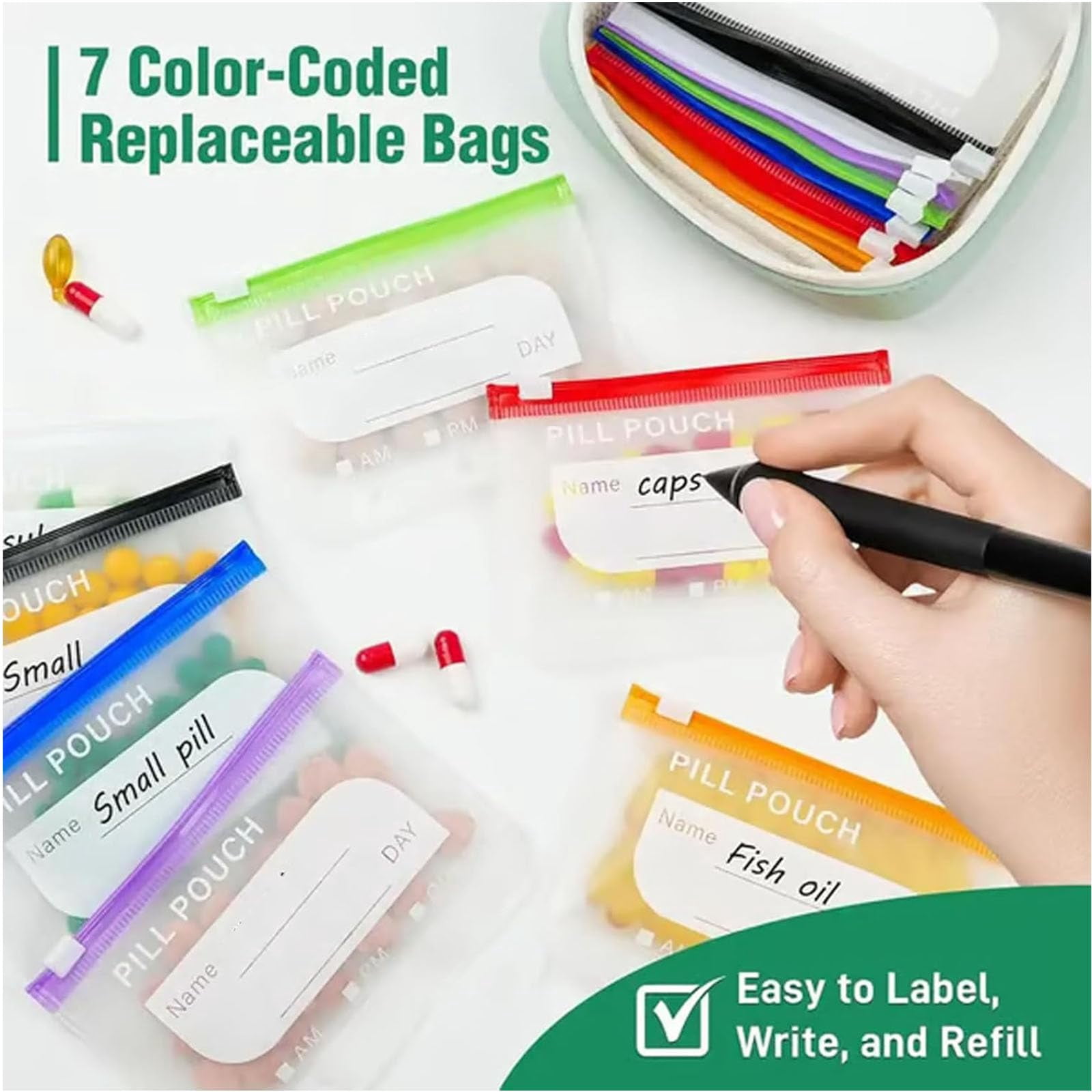 A8 Waterproof Pill Organizer Set with 14 Color-Pill Pouches, Pouches Large Weekly Pill Organizer for Travel Purse Daily Use, Reusable Portable Travel Pills Bag for Fish Oils