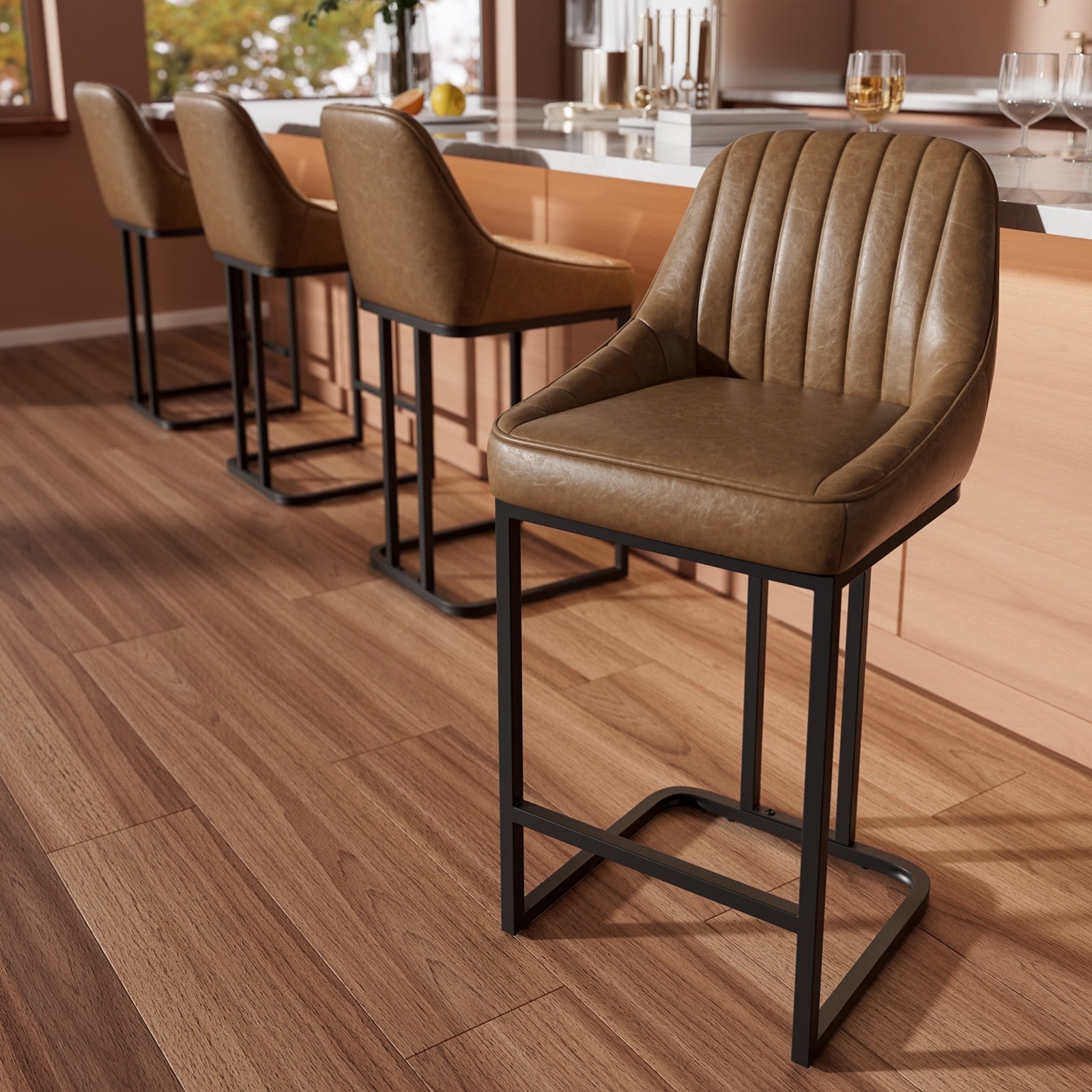 iooHug Set of 4 Modern Bar Stools with Metal Legs and Footrest, 24” Upholstered Counter Height Chairs, PU Leather Bar Chairs for Kitchen Island, Brown