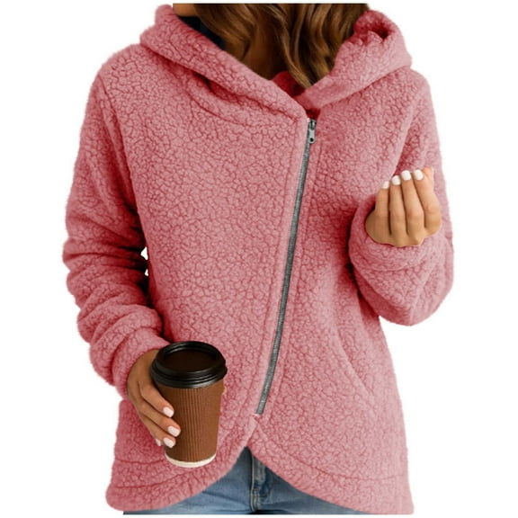 Sherpa Jacket for Women Split Hem Cropped Zip Up Hoodie Coat Winter Casual Warm Fleece Fuzzy Hooded Outwear (XL, Pink)