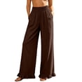 thumbnail image 2 of CQONEPT Women Casual Pants Wide Leg Elastic Waist Baggy Loose with Pocket Trendy Trousers Ruffle Trim Cuff Boho Pant Brown 2XL, 2 of 6