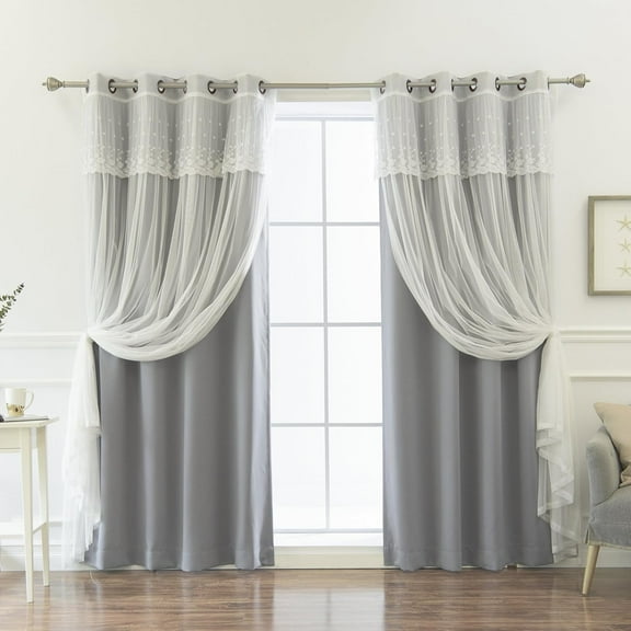 PetFurnishn Mix & Match Tulle Sheer with Attached Valance & Solid Blackout Curtain Set – Stainless Steel Nickel Grommet Top – Grey – 52"W x 84"L – (2 Curtains and 2 Sheer curtains)
