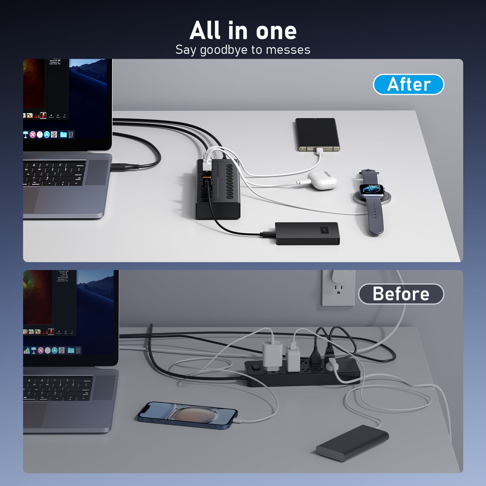 Lemorele 10-in-1 Docking Station, 7 USB 3.0 Hubs + 1 Type-C Port + 2 Type-A Ports for Fast Charging, Independent Switch with Indicator Light, 5gbps Transfer