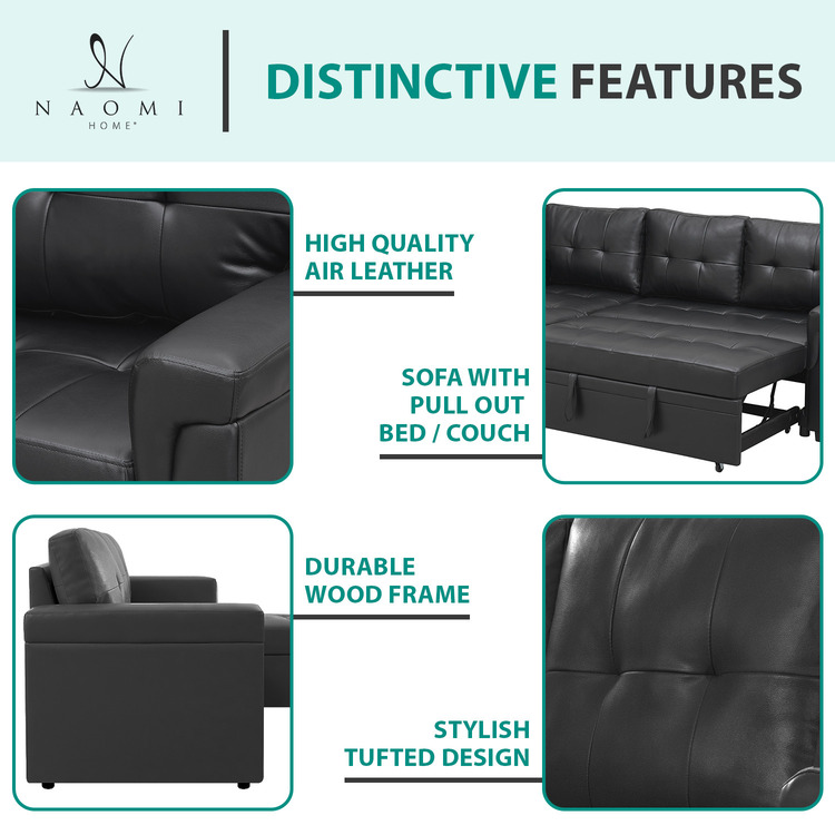 78 in. W Convertible Sleeper Sectional Sofa, L Shaped Couch for Small Space Living Room, Storage Chaise, L Shaped Pull Out Sofa - Black,Air Leather