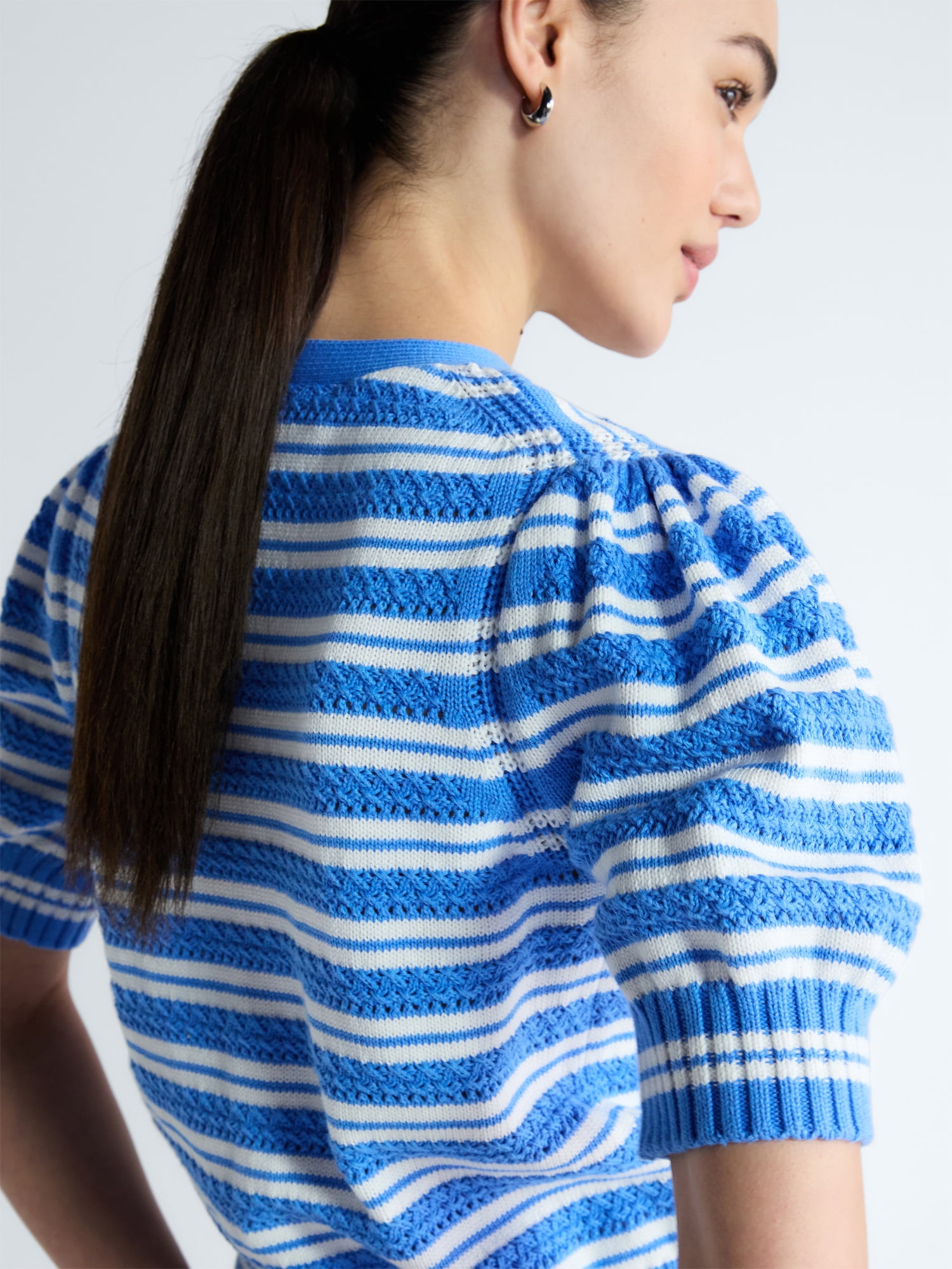 Free Assembly's Women's Cotton Crochet Cardigan Sweater with Puff Sleeves, Sizes XS-4X