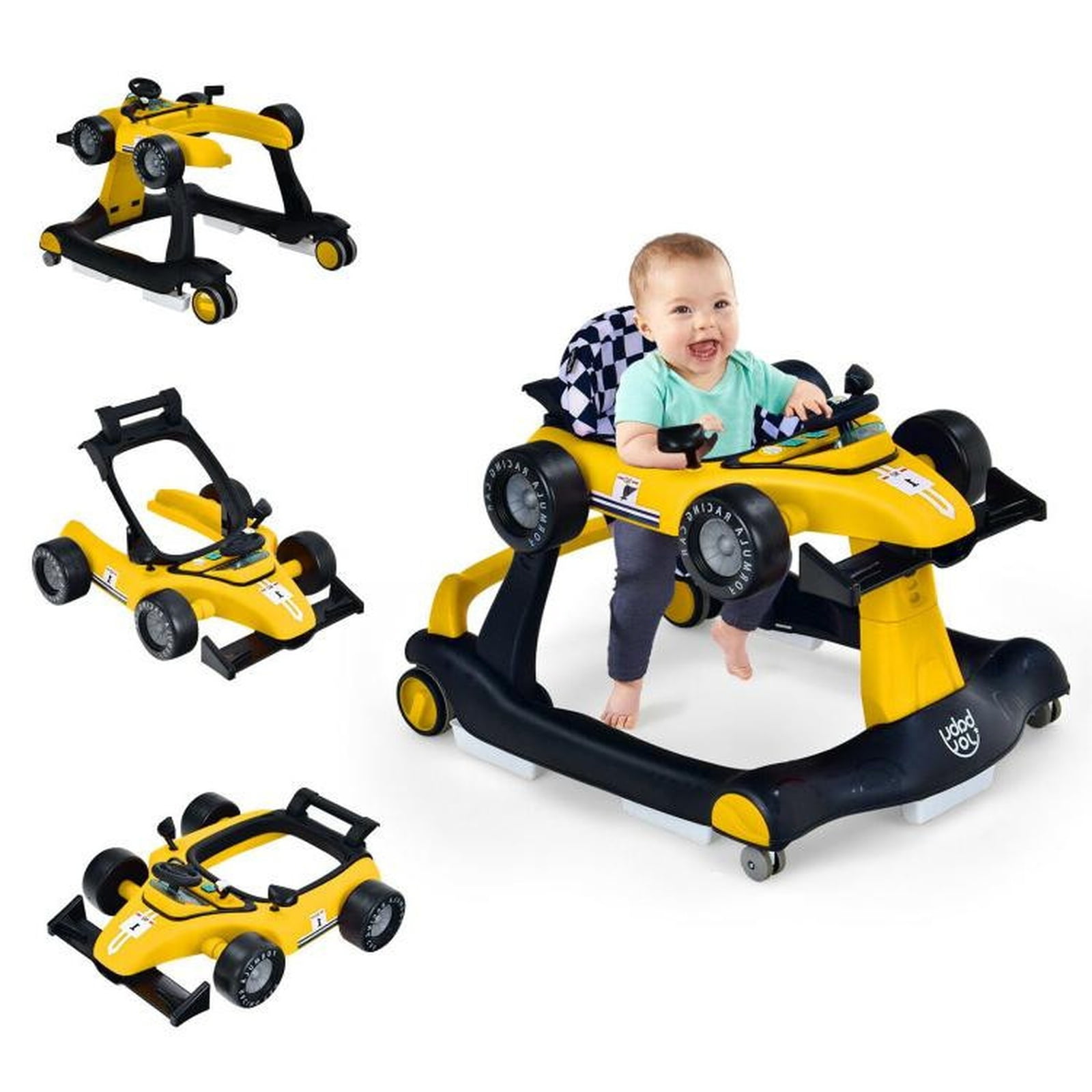 Redsmile 4-in-1 Baby Walker with Wheels, Foldable Activity Push Walker with 3 Adjustable Heights Music Lights and Toy Car Mode for Baby Boys Girls 6-18 Months, Christmas Gift, Yellow