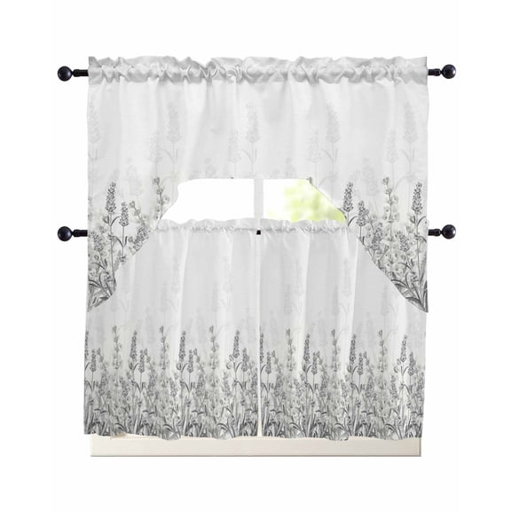 Wildflowers Swag Kitchen Curtains Sets for Windows 24 Inch Length, Spring Country Black Grey Floral Leaf Plant Short Window Curtain Panels Swags Valances and Tiers 3 Piece Set for Cafe/Dining Room