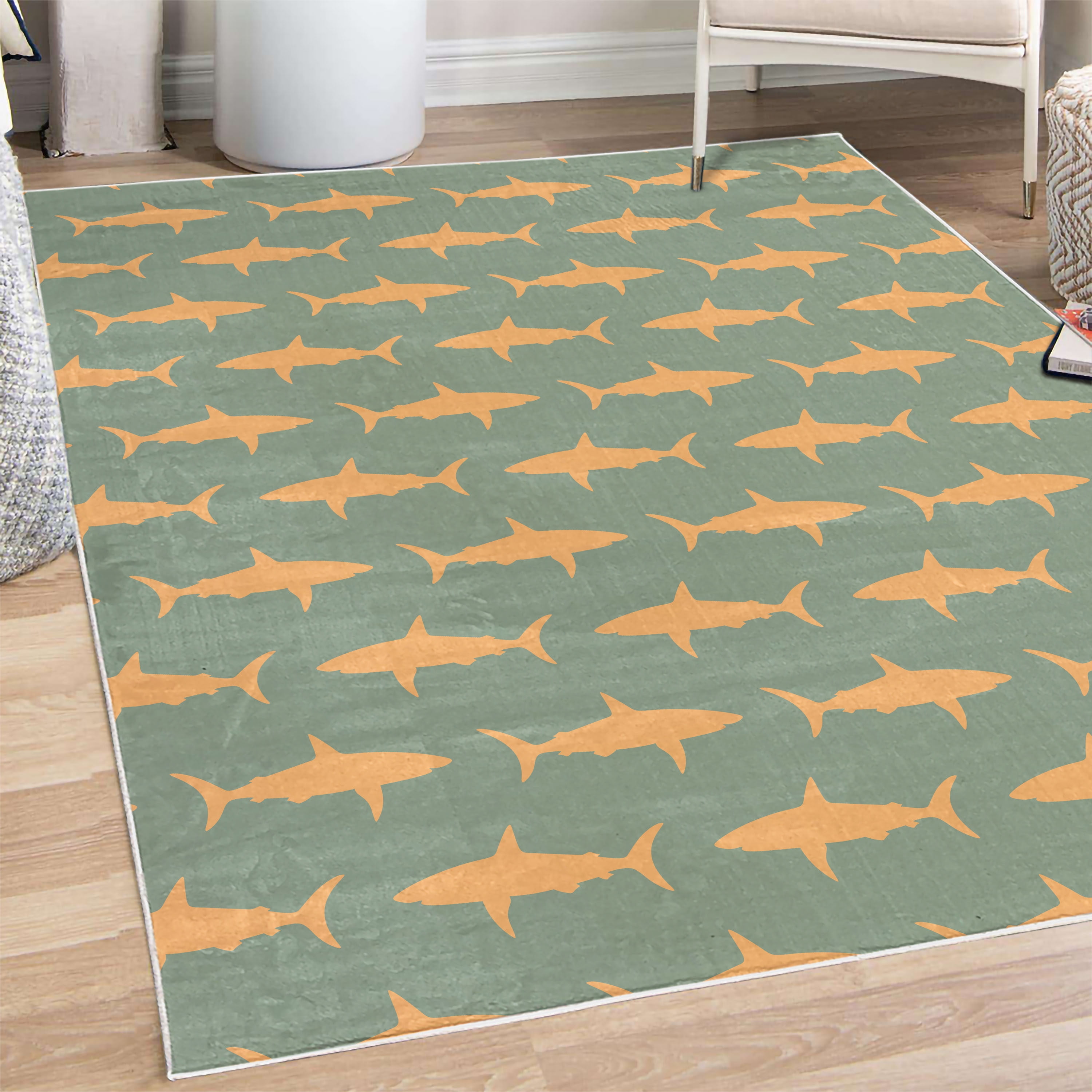 Sea Animals Decorative Rug, Sharks Swimming Horizontal Silhouettes