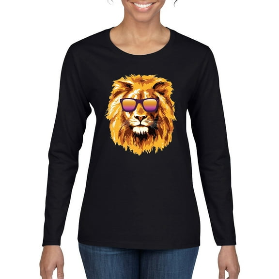 Lion With Sunglasses Animal Lover Womens Graphic Long Sleeve T-Shirt, Black, Small