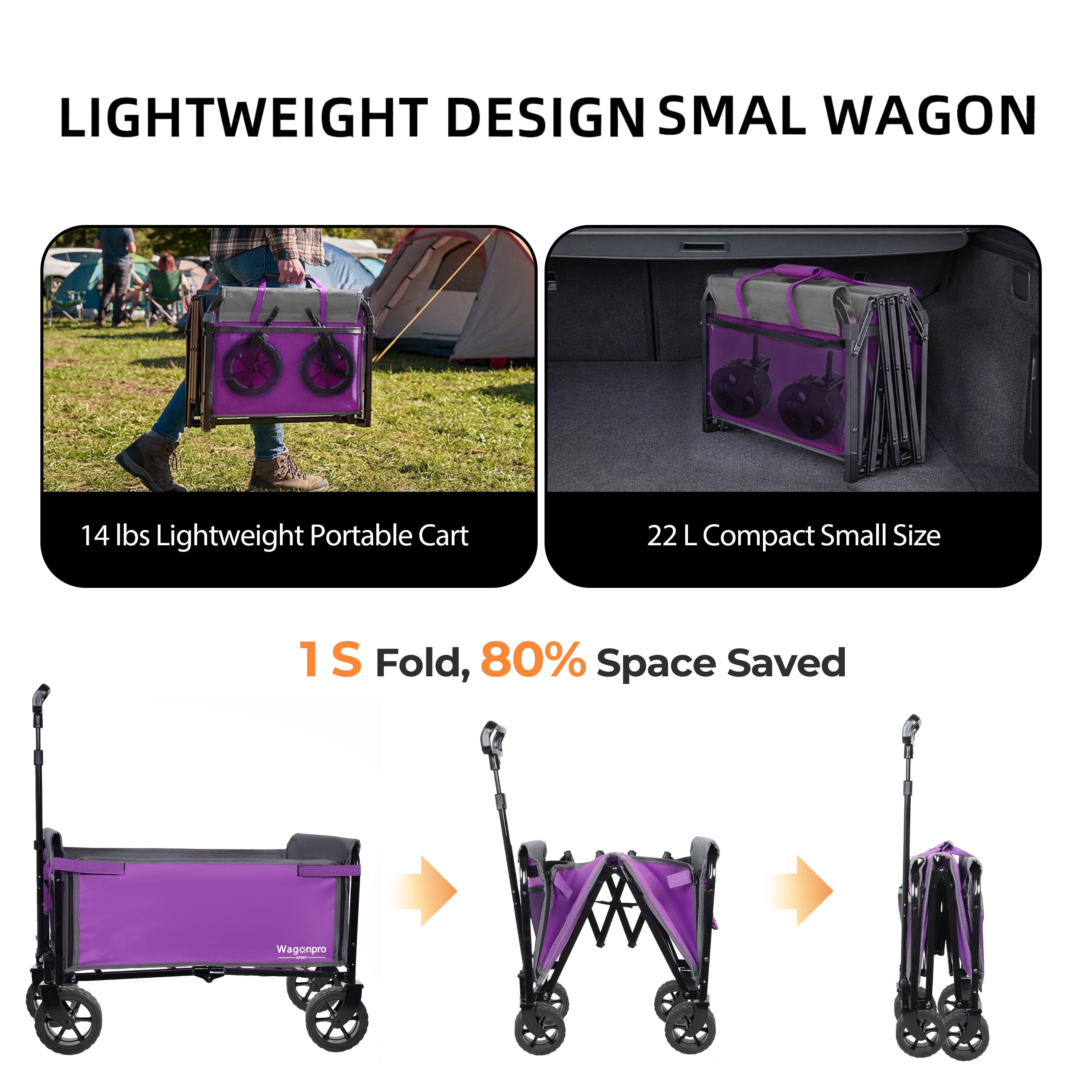 Upgraded 52Inch Wide Wheels AllinOne Convertible Folding Trolley FullSide Opening Dog Leash Versatile Seating Storage 220Lbs Capacity Camping Beach Shopping Purple