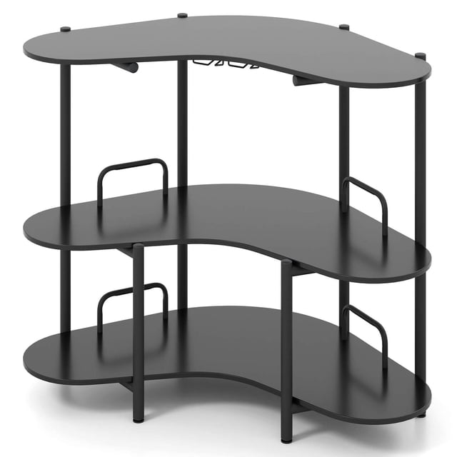 Costway 3-Tier Home Bar Unit with Stemware Racks & Storage Shelves with Metal Frame Black
