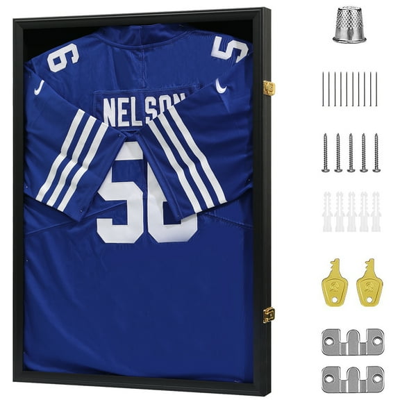 Jersey Frame Display Case - Football Jersey Shadow Box - Jersey Display Frame with 98% Uv Protection Acrylic and Metal Hanger for Baseball Basketball Soccer Hockey Sport Shirt and Uniform, Black