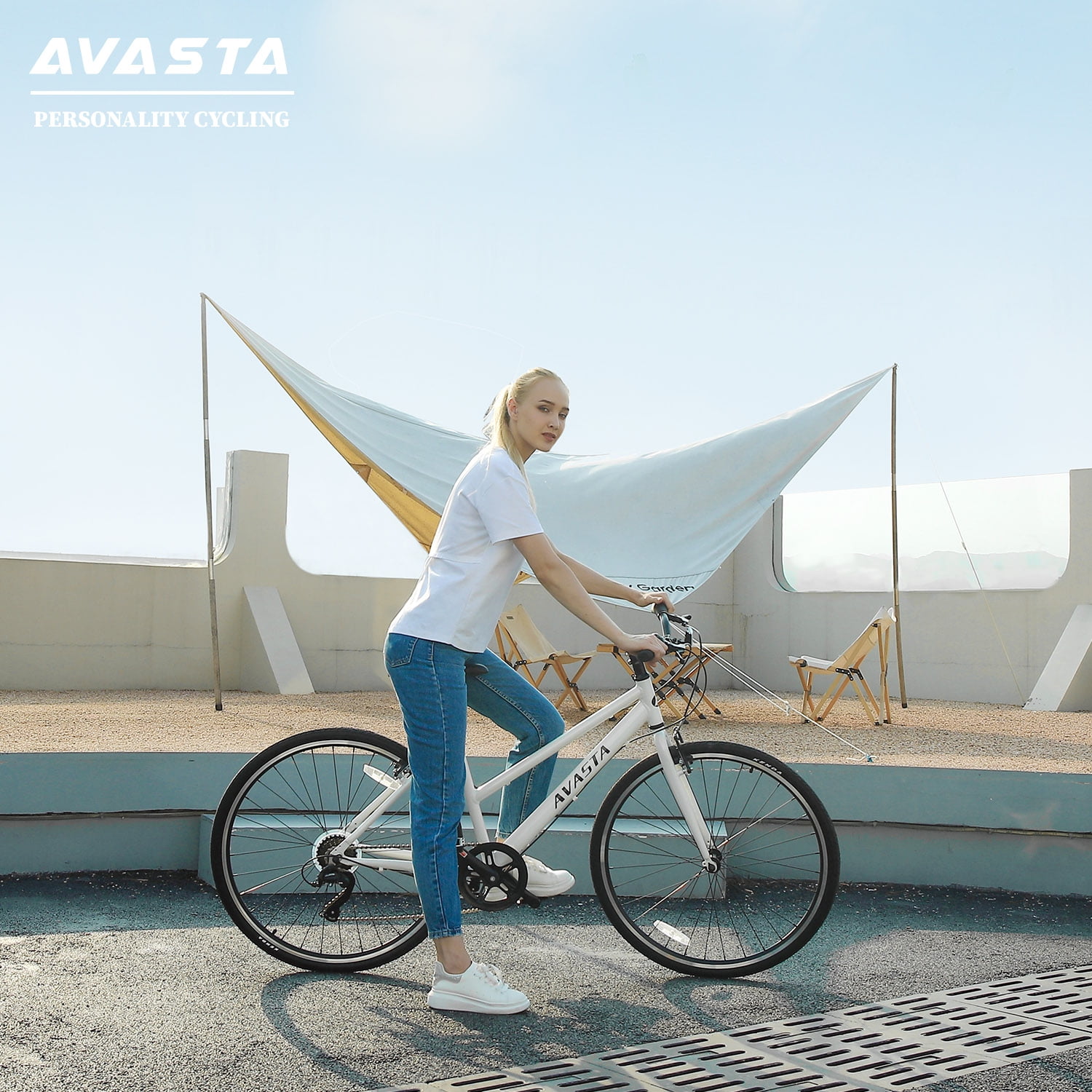 AVASTA Road Hybrid Bike for Women,Lightweight 700c Aluminum Alloy Frame, 7-Speed Drivetrain, Color White