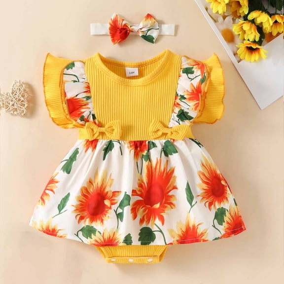 Miluxas Baby Clothes 0-18M Toddler Baby Girls' Little Flying Sleeves Lace Sleeveless Bowtie Sunflower Romper Dress Hairband Yellow 6-9 Months