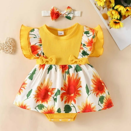 

Simplmasygenix Children s Day Kids Bodysuit Clearance 0-18M Toddler Baby Girls Little Flying Sleeves Lace Sleeveless Bowtie Sunflower Romper Dress+Hairband