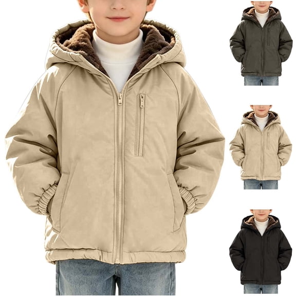 Abtuhar Toddler Boys Fall Winter Hooded Casual Outerwear and Jackets Solid Fleece‑lined Padded Coat with Side Pockets for 2‑9 Years