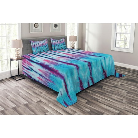 Velvet Bedspreads Comforters Ethnic Bedspread Set, Close Up of Vertical Gradient Tie Dye Effect Hippie Alter Life Retro Artwork Print, Decorative Quilted Coverlet Set with Pillow Shams Included, Blue Pink, by Ambesonne ()