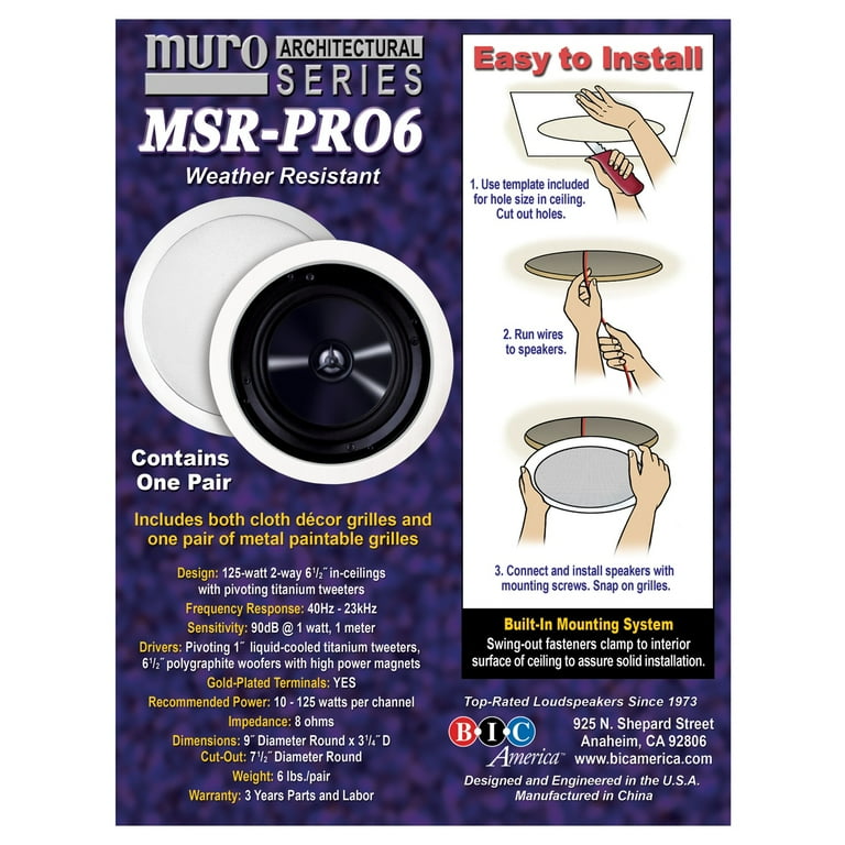 125W 6.5 in. Weather-Resistant In-Ceiling Speakers, Pivoting Tweeters, Metal and Cloth Grills 125W 6.5 in. Weather-Resistant In-Ceiling Speakers, Pivoting Tweeters, Metal and Cloth Grills