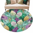 thumbnail image 2 of Luxury Leaves Round Living Room Rugs 8 ft, Green Purple Abstract Gorgeous Leaf Washable Large Area Rug with Non-Slip Sturdy Edge Binding Round Carpet for Dining Room Kitchen Office, 2 of 9