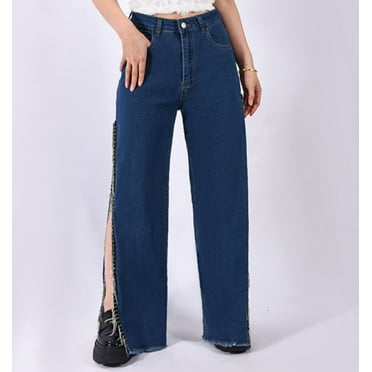Women's high waisted rhinestone trimmed jeans straight leg wide leg pants