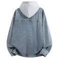thumbnail image 5 of Jerdar Men's Faux Two Piece Hooded Denim Trucker Jacket Lapel Collar Button Flap Pockets Washed Long Sleeve Loose Fit Vintage Casual Fall Winter Streetwear Jean Outerwear Coat Top, 5 of 5