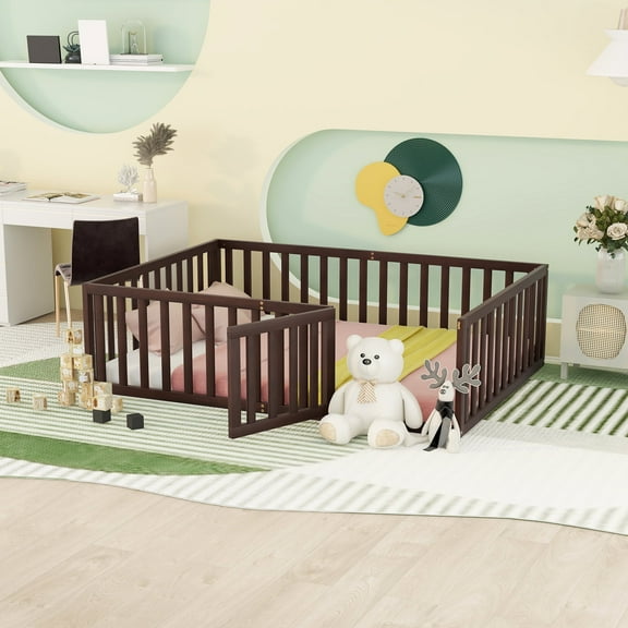 Harper & Bright Designs Montessori Floor Bed, Full Size Floor Bed with Fence and Door, Floor Bed Frame with Guardrails for Boys Girls, Walnut