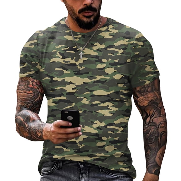 Dresfit Mens Gym Shirt Camouflage Short Sleeve Tennis Tops Crew Neck Cotton Basic Work Out Tees Relaxed Fit Big and Tall T Shirts Green 3XL