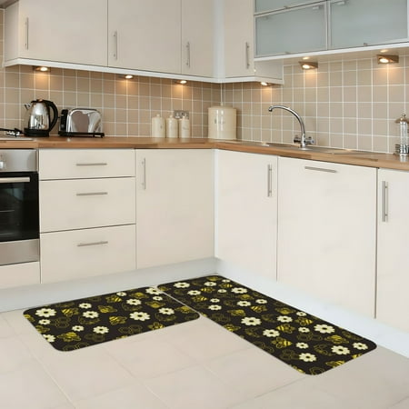 

Kitchen Mats for Floor 2 Piece - Honey Bees With Flowers Anti Fatigue Mats for Kitchen Floor Kitchen Rugs Non Slip Washable Mat for Home Kitchen Decor