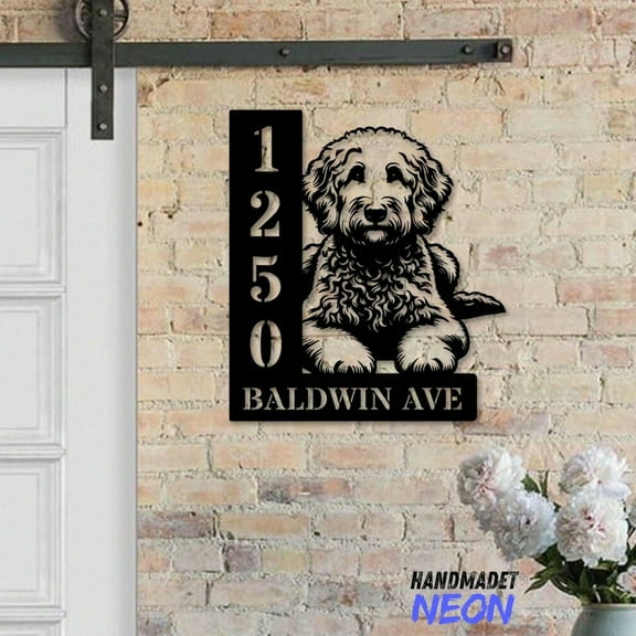 Handmadetneonsign Goldendoodle Dog House Number Metal, Goldendoodle Home Number Metal Sign, Pet Outdoor Address Wall Decor 80620