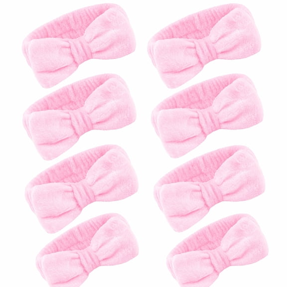 8 Pack Spa Headbands for Washing Face - Pink Terry Cloth Skincare Bands for Women & Girls. Soft Microfiber Bow Headbands for Makeup & Face Wash.