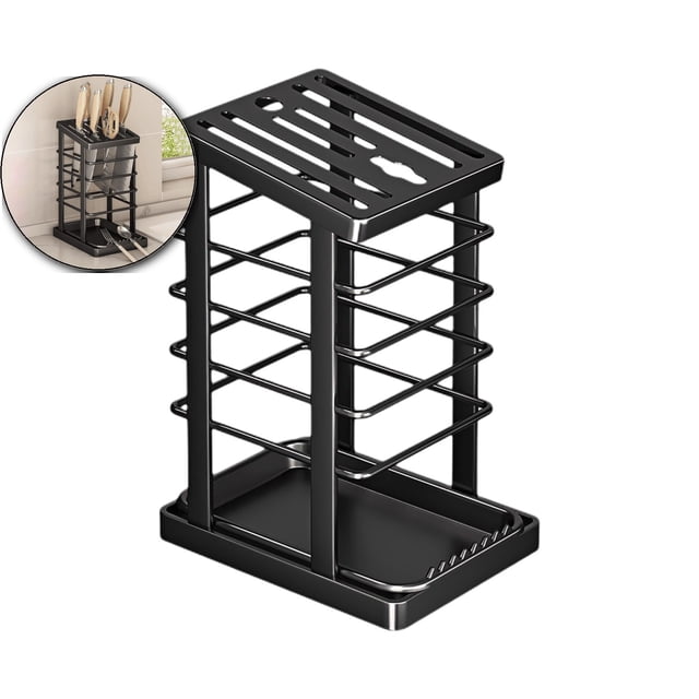 Stainless Steel Kitchen Knife Holder with Drain Tray – Countertop Knife Storage Rack for Knives, Scissors & Utensils – Inclined Safety Design, 8.86"x6.1"x4.61"
