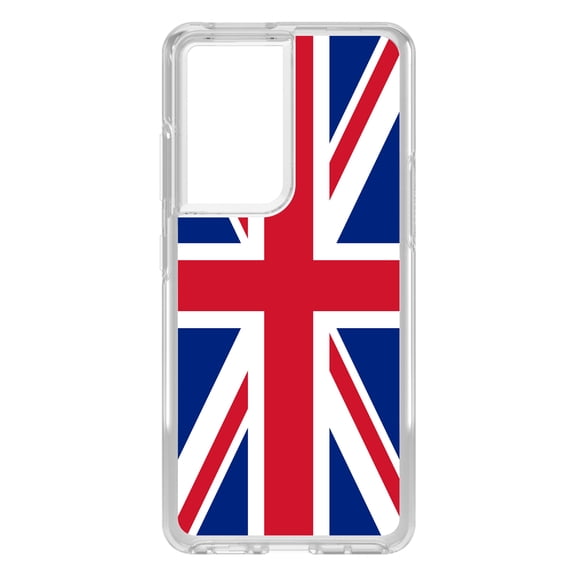 DistinctInk Clear Shockproof Hybrid Case for Galaxy S21 ULTRA 5G (6.8" Screen) - TPU Bumper, Acrylic Back, Tempered Glass Screen Protector - Red White Blue British Flag UK - Love of the UK