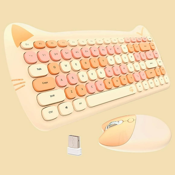 ERDS-Cute Cat Keyboard and Mouse Combo Wireless, Kawaii Keyboard and Mouse for Girls and Kids, Soundless Colorful Keys, Compatible with Notebook, PC (MilkTea-84Keys)