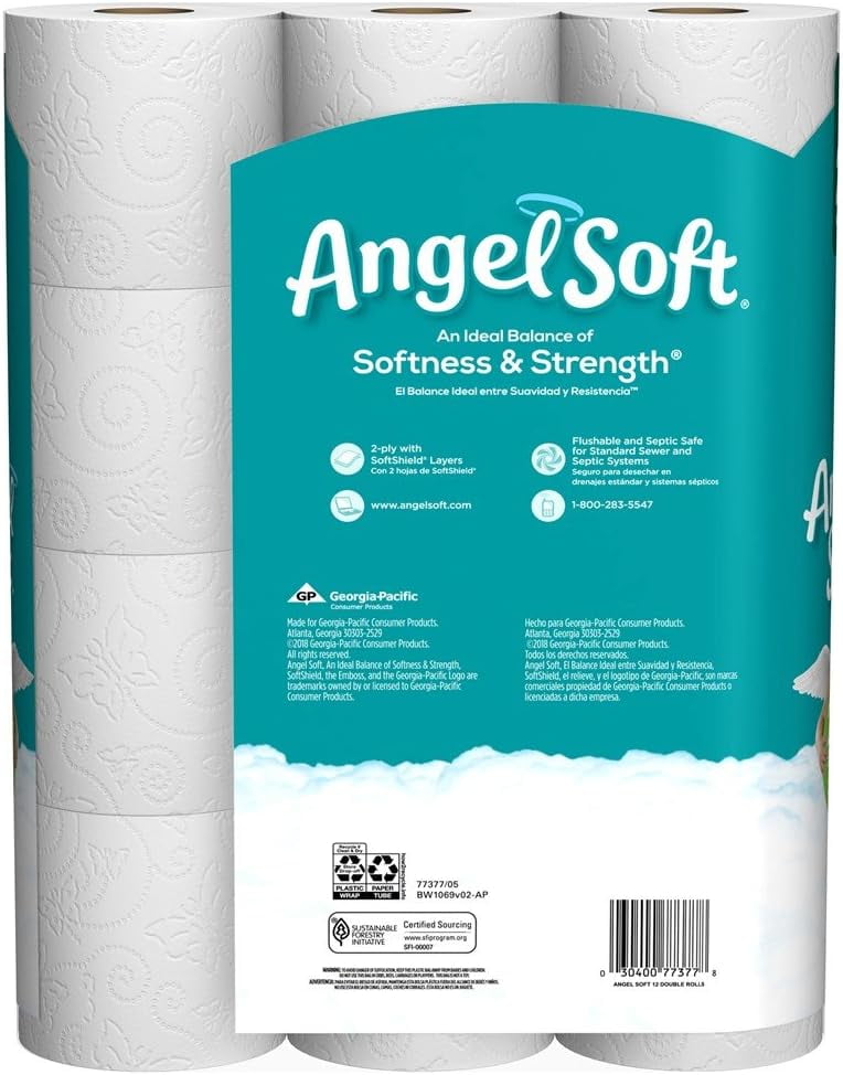 ANGEL SOFT Toilet Paper Bath Tissue, 12 Double Rolls, 260+ 2-Ply Sheets Per Roll