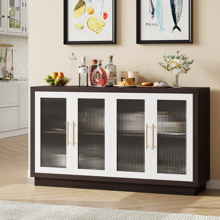 Homfa Modern Sideboard Buffet with Glass Doors Accent Cabinet Console Table TV Stand Brown White